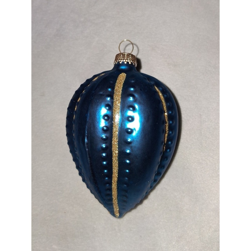 Vintage Germany Blue Molded Glass Christmas Ornament Gold Glitter 4"